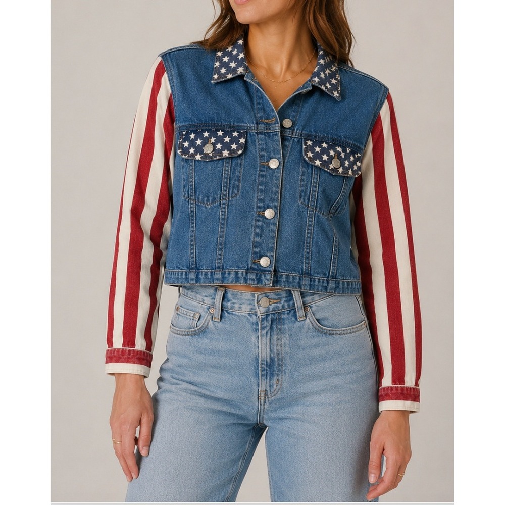 Vtg Quizz Jeans Vintage Americana Denim Jacket‎ Stars Stripes Flag Crop Women M